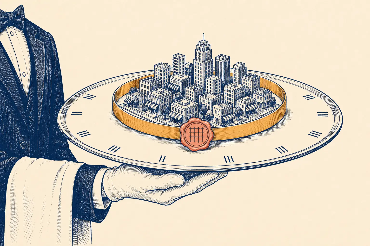 End-to-end white glove SEO management illustrated as a city carried on a butler's tray, sealed to its original measurement grid