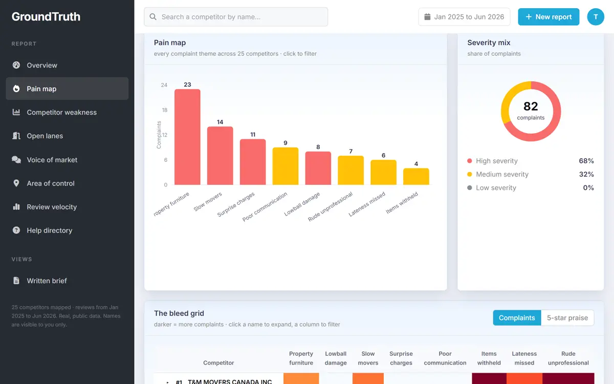 A real GroundTruth report: pain map of every complaint theme across 25 competitors with severity mix